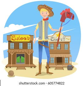 Boy dressed as cowboy holding a hobby horse, background with western saloon and sheriff's office (vector illustration)