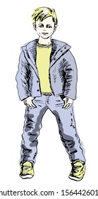 A boy dressed in denim blue jacket and jeans. Hand drawn black sketch, isolated on white. Children's fashion illustration.