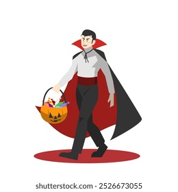 Um menino vestido com uma fantasia de Drácula para o Halloween