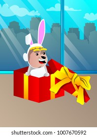 Boy dressed as Easter bunny in a gift box. Vector cartoon character illustration.