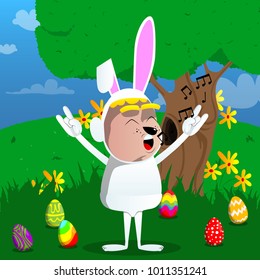 Boy dressed as Easter bunny with hands in rocker pose. Vector cartoon character illustration.