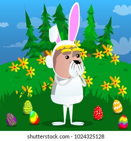 Boy dressed as Easter bunny with hands over mouth. Vector cartoon character illustration.