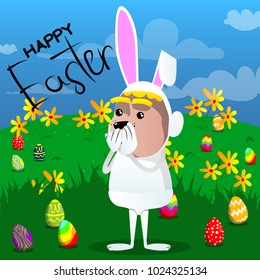 Boy dressed as Easter bunny with hands over mouth. Vector cartoon character illustration.