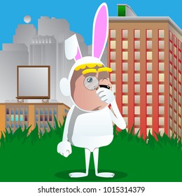 Boy dressed as Easter bunny holding a magnifying glass. Vector cartoon character illustration.