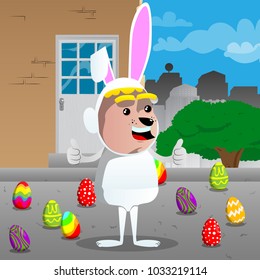Boy dressed as Easter bunny making thumbs up sign with two hands. Vector cartoon character illustration.
