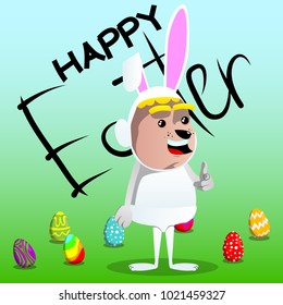 Boy dressed as Easter bunny pointing at the viewer with his hand. Vector cartoon character illustration.