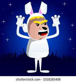 Boy dressed as Easter bunny is trying to scare you. Vector cartoon character illustration.