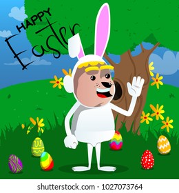 Boy dressed as Easter bunny with waving hand. Vector cartoon character illustration.