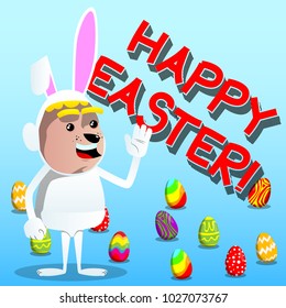 Boy dressed as Easter bunny with waving hand. Vector cartoon character illustration.