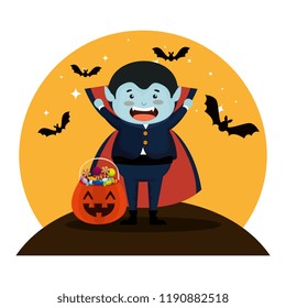 Boy Dressed Up As A Halloween Dracula With Bats Flying