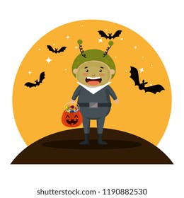 boy dressed up as a halloween martian with bats flying