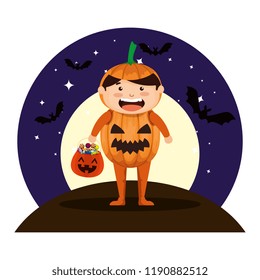 boy dressed up as a halloween pumpkin with bats flying