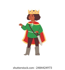 Boy dressed as a king or prince with golden crown, red cape and sword. Child in costume for a fairy tale theater play vector flat illustration. Cartoon kid actor character performance, theatre show