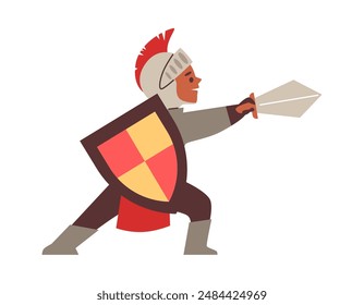 Boy dressed as a knight in armour with shield and sword. Child in costume for a fairy tale theater play vector flat illustration. Cartoon kid actor character performance, theatre show