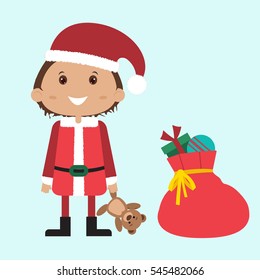 Boy dressed like Santa Claus with toys - vector illustration