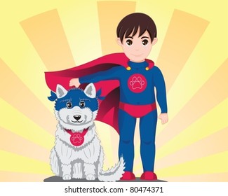 Boy dressed like a superhero and his dog, funny dressed too