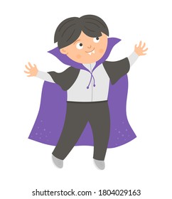 Boy dressed like a vampire. Cute vector Halloween kid character. Child in scary Dracula costume. Funny autumn all saints eve illustration. Samhain dress party design. 
