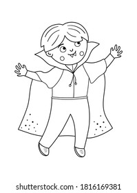 Boy dressed like a vampire. Cute black and white vector Halloween kid character. Child in scary Dracula costume. Funny autumn all saints eve illustration. Samhain dress party coloring page. 
