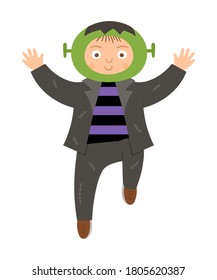 Boy dressed like zombie. Cute vector Halloween kid character. Child in scary monster costume. Funny autumn all saints eve illustration. Samhain dress party design