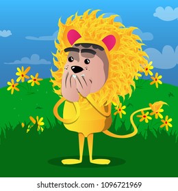 Boy dressed as lion with hands over mouth. Vector cartoon character illustration.