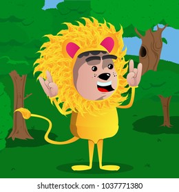 Boy dressed as lion with hands in rocker pose. Vector cartoon character illustration.