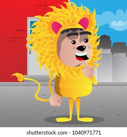 Boy dressed as lion holding finger front of his mouth. Vector cartoon character illustration.