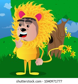 Boy dressed as lion holding finger front of his mouth. Vector cartoon character illustration.