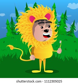Boy dressed as lion holding toothbrush. Vector cartoon character illustration.