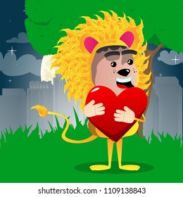 Boy dressed as lion hugging big red heart. Vector cartoon character illustration.