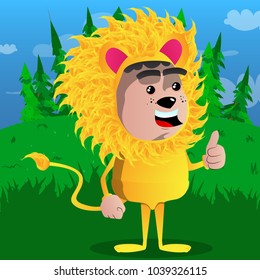 Boy dressed as lion making thumbs up sign. Vector cartoon character illustration.