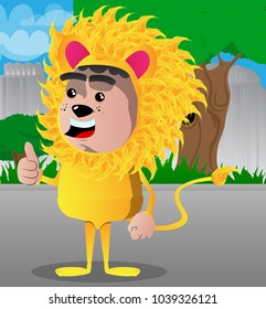 Boy dressed as lion making thumbs up sign. Vector cartoon character illustration.