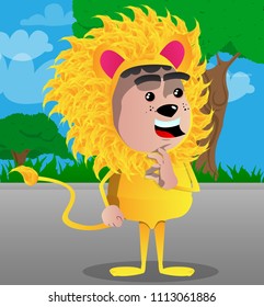 Boy dressed as lion showing ok sign. Vector cartoon character illustration.