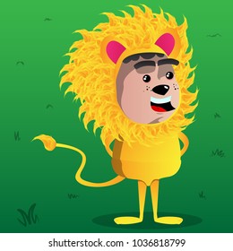 Boy dressed as lion standing alone and smiling. Vector cartoon character illustration.