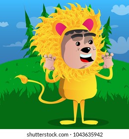 Boy dressed as lion is trying to scare you. Vector cartoon character illustration.