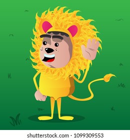 Boy dressed as lion with waving hand. Vector cartoon character illustration.