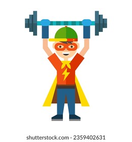 Boy dressed in mask and cloak showing strength and lifting barbell over head. Multicolored flat vector icon representing people activities and professions concept isolated on white back