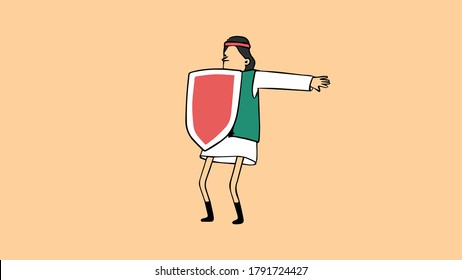 the boy is dressed in medieval clothes,  he holds the shield in his hand and hides behind him, and he is scared,vector,sketch.