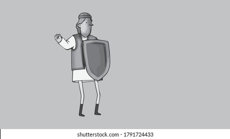 the boy is dressed in medieval clothes, he holds the shield in his hand and hides behind him, and he is scared,vector,sketch.