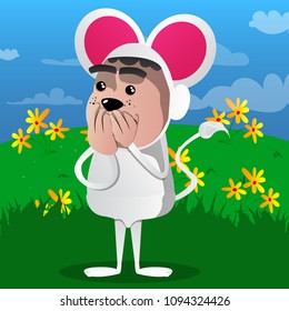 Boy dressed as mouse with hands over mouth. Vector cartoon character illustration.