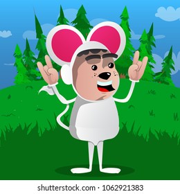 Boy dressed as mouse with hands in rocker pose. Vector cartoon character illustration.