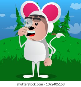 Boy dressed as mouse holding a magnifying glass. Vector cartoon character illustration.