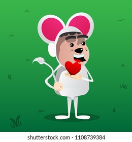 Boy dressed as mouse holding red heart in his hand. Vector cartoon character illustration.