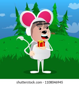 Boy dressed as mouse holding small gift box. Vector cartoon character illustration.
