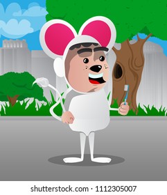 Boy dressed as mouse holding toothbrush. Vector cartoon character illustration.