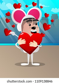 Boy dressed as mouse hugging big red heart. Vector cartoon character illustration.