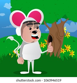 Boy dressed as mouse making thumbs up sign. Vector cartoon character illustration.