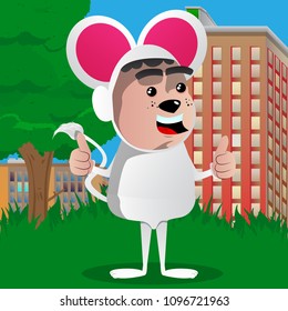 Boy dressed as mouse making thumbs up sign with two hands. Vector cartoon character illustration.