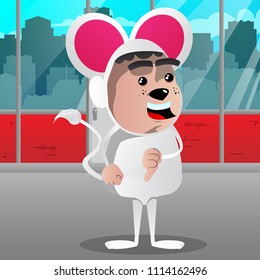 Boy dressed as mouse showing dislike hand sign. Vector cartoon character illustration.