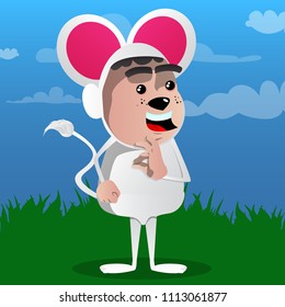 Boy dressed as mouse showing ok sign. Vector cartoon character illustration.