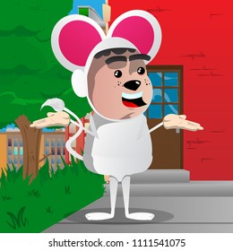 Boy dressed as mouse shrugs shoulders expressing don't know gesture. Vector cartoon character illustration.